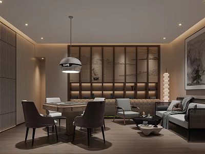 Elegant Hotel Mahjong Room Interior With Wooden Table Sofa And Hanging Lamp 3d model