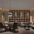 Elegant Hotel Mahjong Room Interior With Wooden Table Sofa And Hanging Lamp