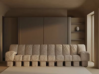 Minimalist Three Seater Sofa In Warm Toned Interior With Textured Fabric And Wooden Shelves 3d model