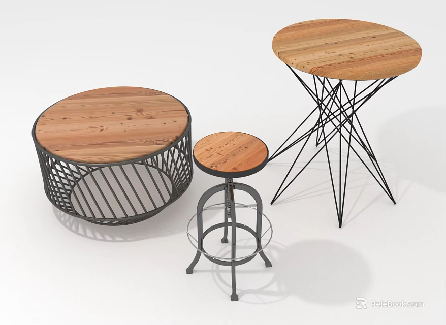 Modern Round Wooden Furniture Pieces With Unique Metal Base Designs For Tables And Stool 3d model 