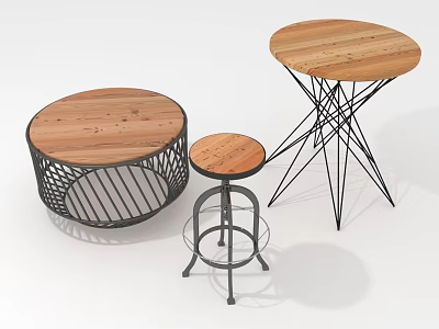 Modern Round Wooden Furniture Pieces With Unique Metal Base Designs For Tables And Stool 3d model