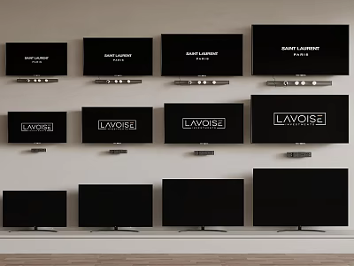 Multiple TVs of Various Sizes Mounted on Wall with LAVOISE and BASS LAUNDRY Screens 3d model
