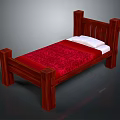 Solid Wooden Bed Frame With Red Patterned Bedspread And White Pillow