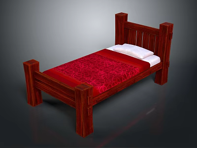 Solid Wooden Bed Frame With Red Patterned Bedspread And White Pillow 3d model