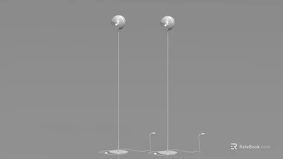 Two White Floor Lamps With Spherical Shades Base And Power Cords On Grey Background 3d model 