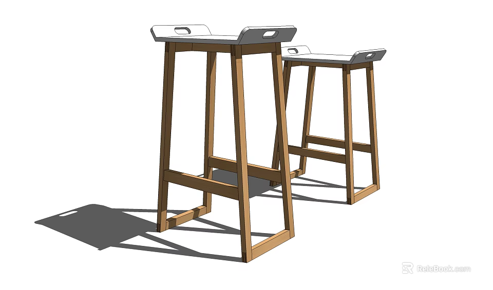 Two Modern Wooden Bar Stools With White Seats And Tall Leg Design 3d model 
