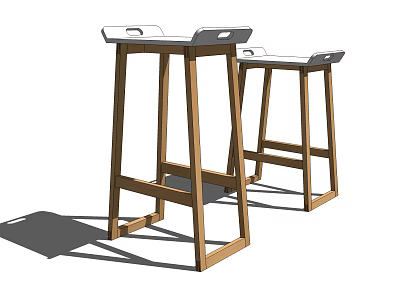 Two Modern Wooden Bar Stools With White Seats And Tall Leg Design 3d model