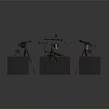 Various Weapons Displayed On Stands With Tripod Mounted Machine Guns And Accessories