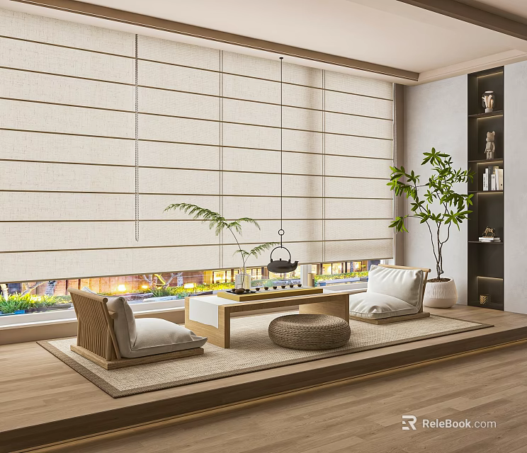 Cozy Home Balcony Design With Linen Roman Blinds Wicker Sofas And Potted Plants 3d model 