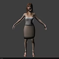 Woman In White Strapless Top Beige Skirt Brown Sandals Arms Outstretched On Gray Background