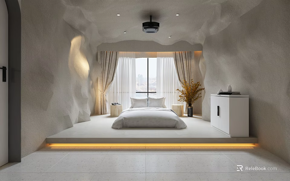 Modern Hotel Room Interior With Plush Bed Floor-to-ceiling Window Curtains And Ambient Lighting 3d model 