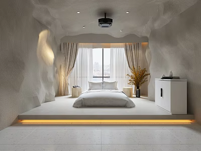Modern Hotel Room Interior With Plush Bed Floor-to-ceiling Window Curtains And Ambient Lighting 3d model
