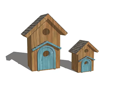 Two Wooden Birdhouses With Blue Doors And Dark Roofs In Different Sizes 3d model