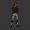 Chained Man in Brown Leather Jacket Black T-Shirt Jeans with Knee Pads Boots Gray Background