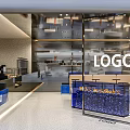 Elegant Modern Bubble Tea Shop Interior With Open Bar White Blue Logo And Marble Shelves