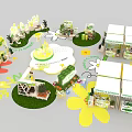 Exhibition Booths With White Canopies Green Yellow Decorations Plants And Circular Central Area