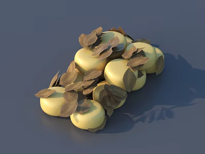 A Pile Of Fresh Ripe Yellow Persimmons With Leaves On Gray Background 3d model