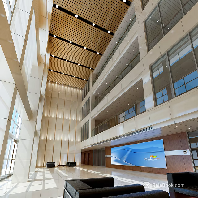 Front Desk Reception In Modern Multi Level Lobby With Large Windows Wooden Ceiling And Large Screen 3d model