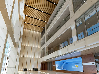 Front Desk Reception In Modern Multi Level Lobby With Large Windows Wooden Ceiling And Large Screen 3d model
