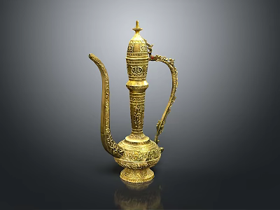 Golden Ornate Wine Flask With Intricate Carvings Slender Spout And Curved Handle On Dark Background 3d model