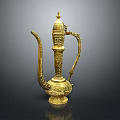 Golden Ornate Wine Flask With Intricate Carvings Slender Spout And Curved Handle On Dark Background