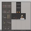 Modern Wine Cabinet With Glass Doors Wine Bottles And Decorative Items On Open Shelf
