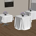 Dining Tables with White Tablecloths and Purple Flowers in Bright Interior with Wooden Floor