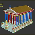 Classical Temple Model With Red Roof White Columns And Golden Decorations Standing Statue Detail