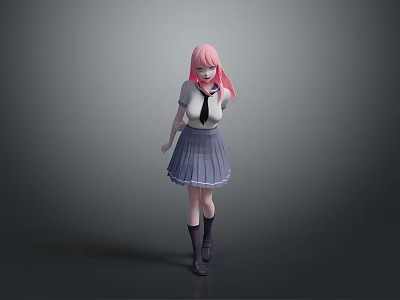 Game Anime Character With Pink Hair White Shirt Black Tie And Gray Pleated Skirt 3d model
