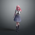 Game Anime Character With Pink Hair White Shirt Black Tie And Gray Pleated Skirt
