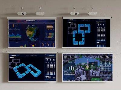 Projection Monitoring System With Multiple Screens Showing Real Time Data Displays 3d model