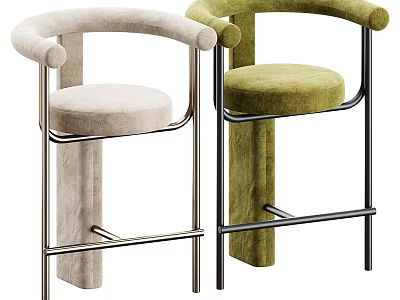 Modern Beige And Green Velvet Bar Stools With Metal Frame Design 3d model