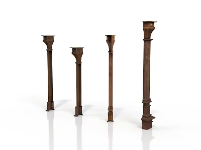 Four Decorative Brown Architectural Columns Displayed Against White Background With Reflective Floor 3d model