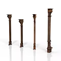 Four Decorative Brown Architectural Columns Displayed Against White Background With Reflective Floor