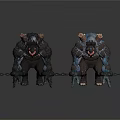 Two Dark Blue Chained Monsters With Horns Extended Tongues and Claws