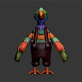 Colorful Cartoon Bird Game and Movie Character With Rainbow Feathers Red Overalls and Green Eyes