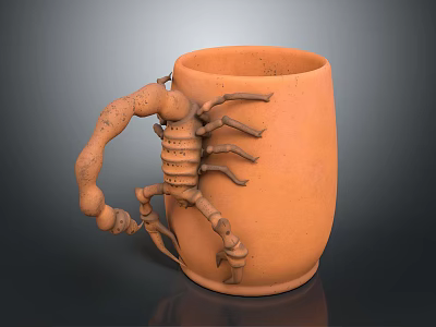 Orange Clay Mug Featuring Scorpion Shaped Handle And Detailed Craft Design 3d model