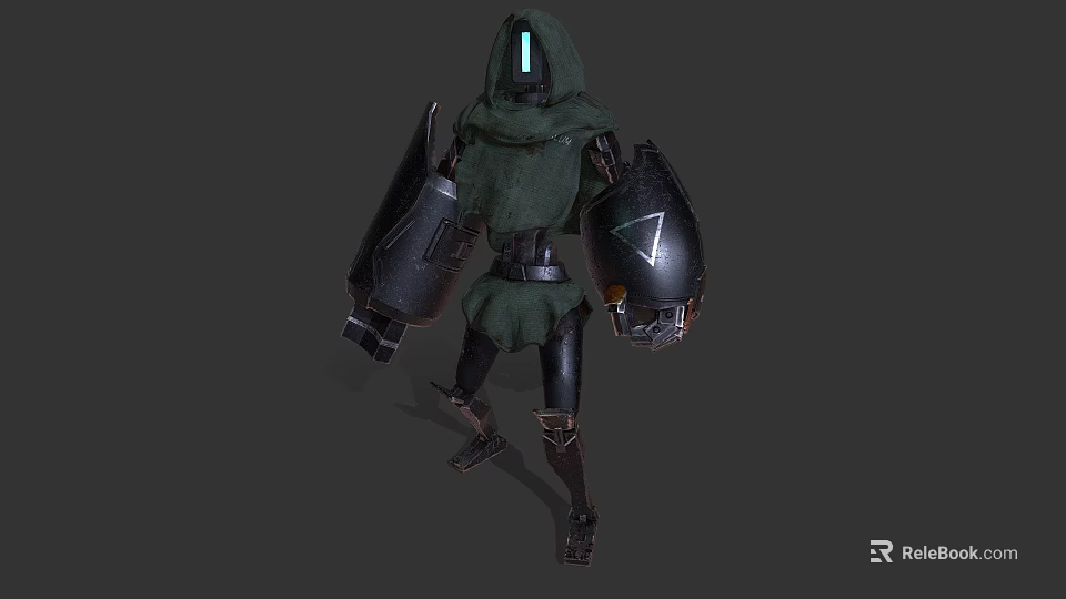 Game Movie Character With Green Hooded Cloak Glowing Eyes And Mechanical Arms With Triangle Symbol 3d model 