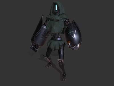 Game Movie Character With Green Hooded Cloak Glowing Eyes And Mechanical Arms With Triangle Symbol 3d model