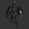Game Movie Character With Green Hooded Cloak Glowing Eyes And Mechanical Arms With Triangle Symbol