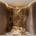 Elegant Indoor Landscape Design With Golden Tree Surrounding Plants Wooden Walls And Ceiling Circular Lighting