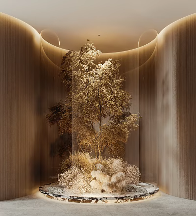 Elegant Indoor Landscape Design With Golden Tree Surrounding Plants Wooden Walls And Ceiling Circular Lighting 3d model