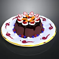 Delicious Chocolate Cake Decorated With Fresh Strawberries And Berries On White Plate With Red Patterns