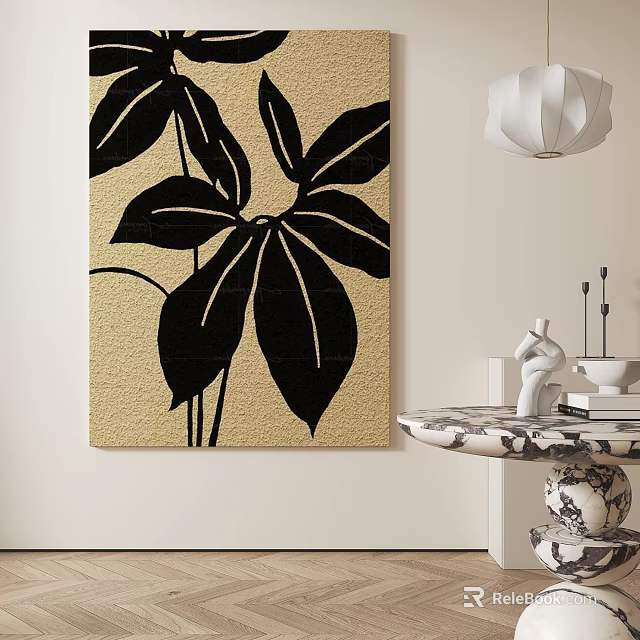 Abstract Painting With Black Leaf Pattern On Beige Background For Modern Interior Decor 3d model
