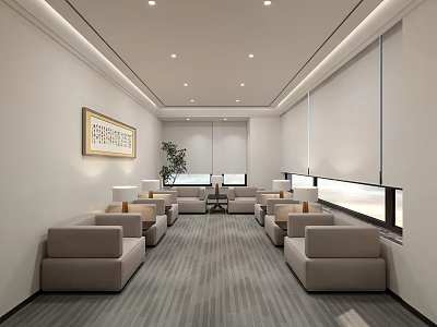 Modern Conference Room Interior With Beige Sofas Striped Carpet And Decorative Painting 3d model