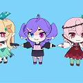 Cute Cartoon Characters with Blonde Purple Pink Hair Green Bow Red Flower and Colorful Dresses