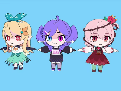 Cute Cartoon Characters with Blonde Purple Pink Hair Green Bow Red Flower and Colorful Dresses 3d model