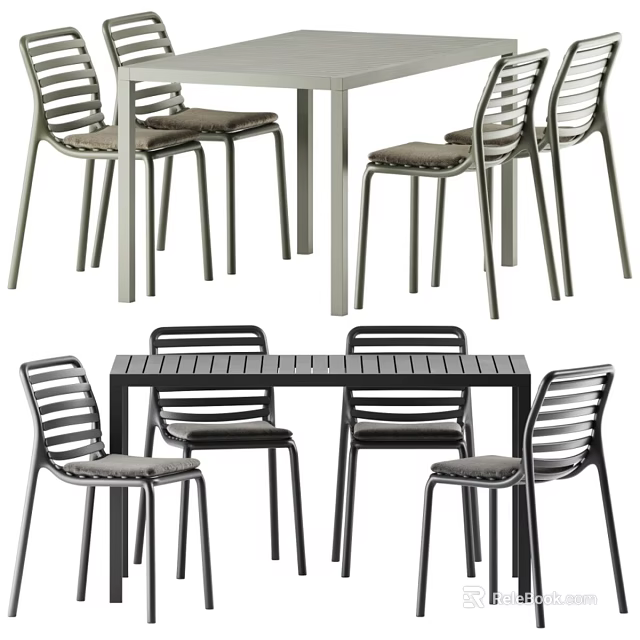 Modern Dining Area Featuring Slatted Back Dining Chairs And Metal Frame Table Set 3d model