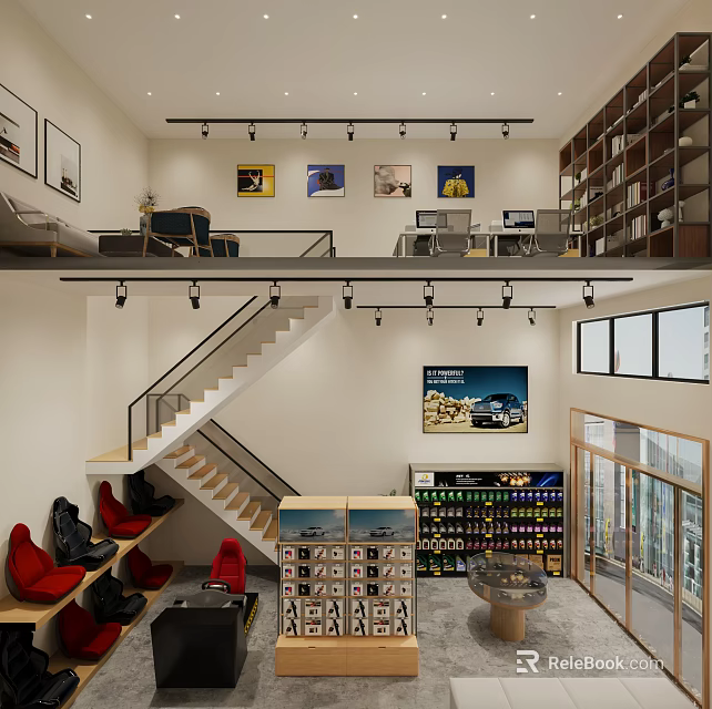 Two Story Specialty Store Interior With Shoe Display Beverage Shelves Upstairs Sofa Tables Chairs Artworks 3d model 