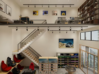 Two Story Specialty Store Interior With Shoe Display Beverage Shelves Upstairs Sofa Tables Chairs Artworks 3d model